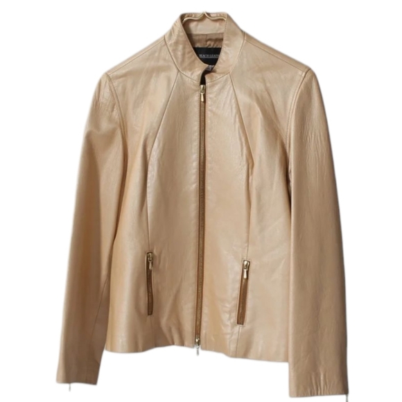 Vintage 90s North Beach Leather Gold Tan Moto Jacket USA Pearlescent Minimalist - Picture 4 of 11